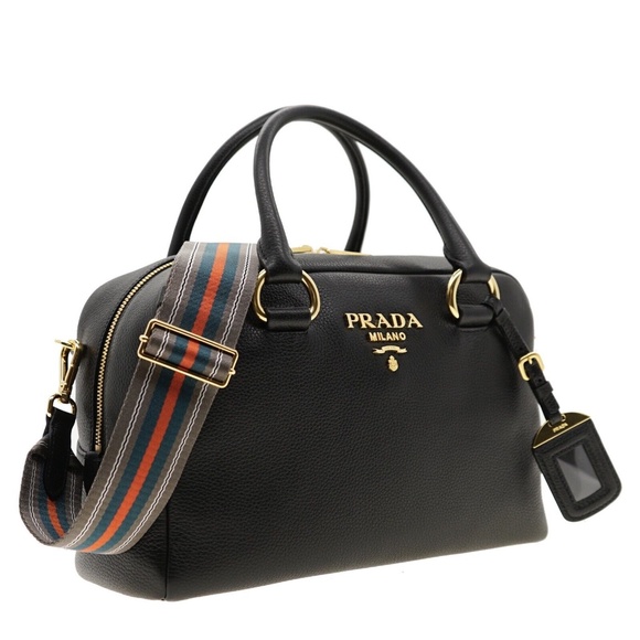 Prada Shoulder Bag Guitar Strap Black Leather Vitello Phenix 1BB086 New - Picture 2 of 7